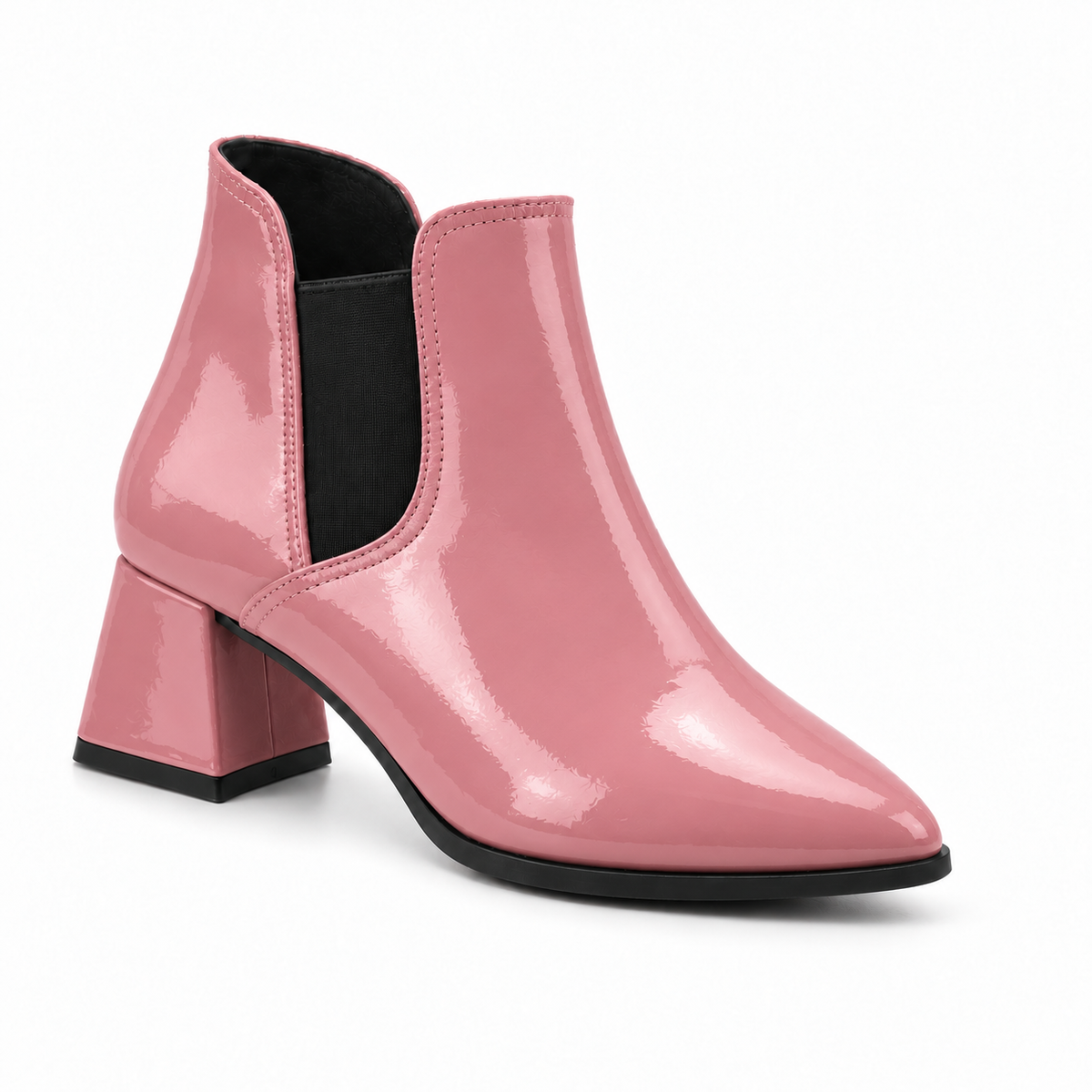 Slit Heeled Bootie Rose – هاف بوت حريمي بكعب جلد لامع روز، من قدام – ECADRA