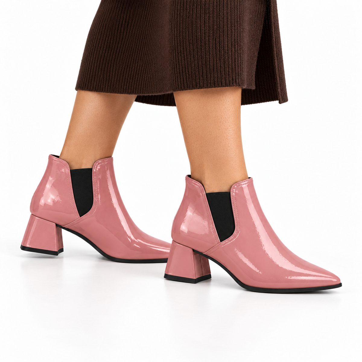 Slit Heeled Bootie Rose – هاف بوت حريمي بكعب جلد لامع روز، على الرجل – ECADRA