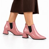 Slit Heeled Bootie Rose – هاف بوت حريمي بكعب جلد لامع روز، على الرجل – ECADRA