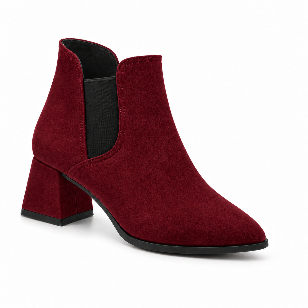 Slit Heeled Bootie Burgundy – هاف بوت حريمي بكعب شمواه صناعي نبيتي، من قدام – ECADRA