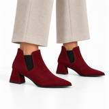 Slit Heeled Bootie Burgundy – هاف بوت حريمي بكعب شمواه صناعي نبيتي، على الرجل – ECADRA