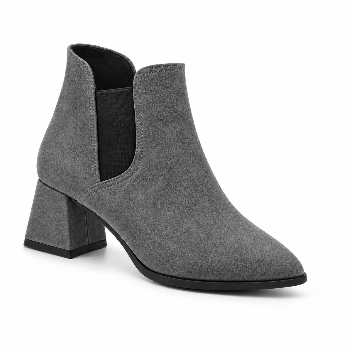 Slit Heeled Bootie Gray – هاف بوت حريمي بكعب شمواه صناعي رمادي، من قدام – ECADRA