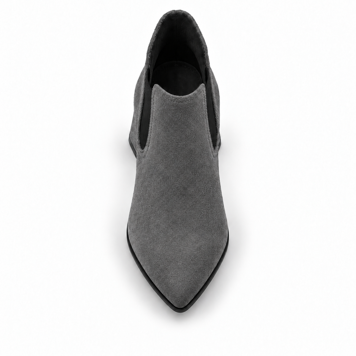 Slit Heeled Bootie Gray – هاف بوت حريمي بكعب شمواه صناعي رمادي، من فوق – ECADRA