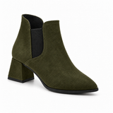 Slit Heeled Bootie Olive – هاف بوت حريمي بكعب شمواه صناعي زيتي، من قدام – ECADRA