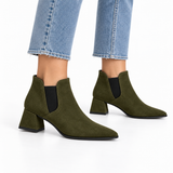 Slit Heeled Bootie Olive – هاف بوت حريمي بكعب شمواه صناعي زيتي، على الرجل – ECADRA