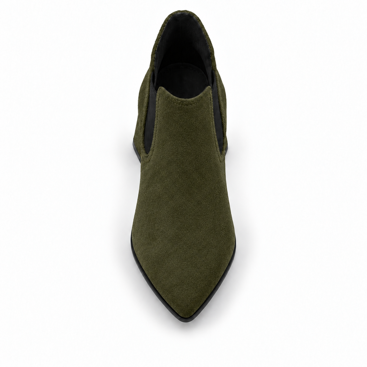 Slit Heeled Bootie Olive – هاف بوت حريمي بكعب شمواه صناعي زيتي، من فوق – ECADRA