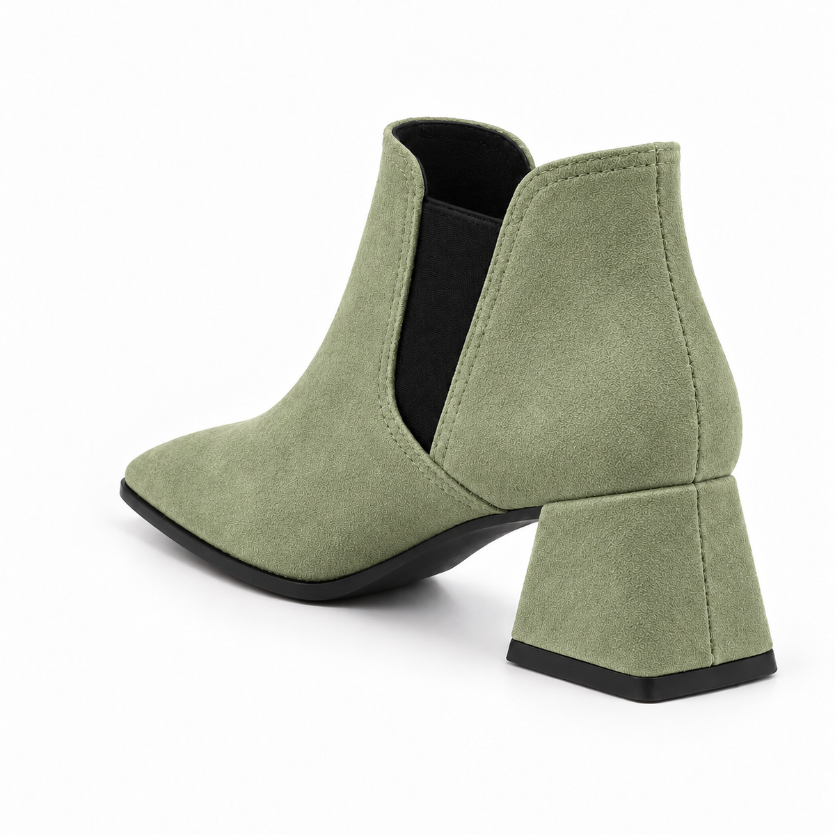 Slit Heeled Bootie Pistachio – هاف بوت حريمي بكعب شمواه صناعي فستقي، من ورا – ECADRA