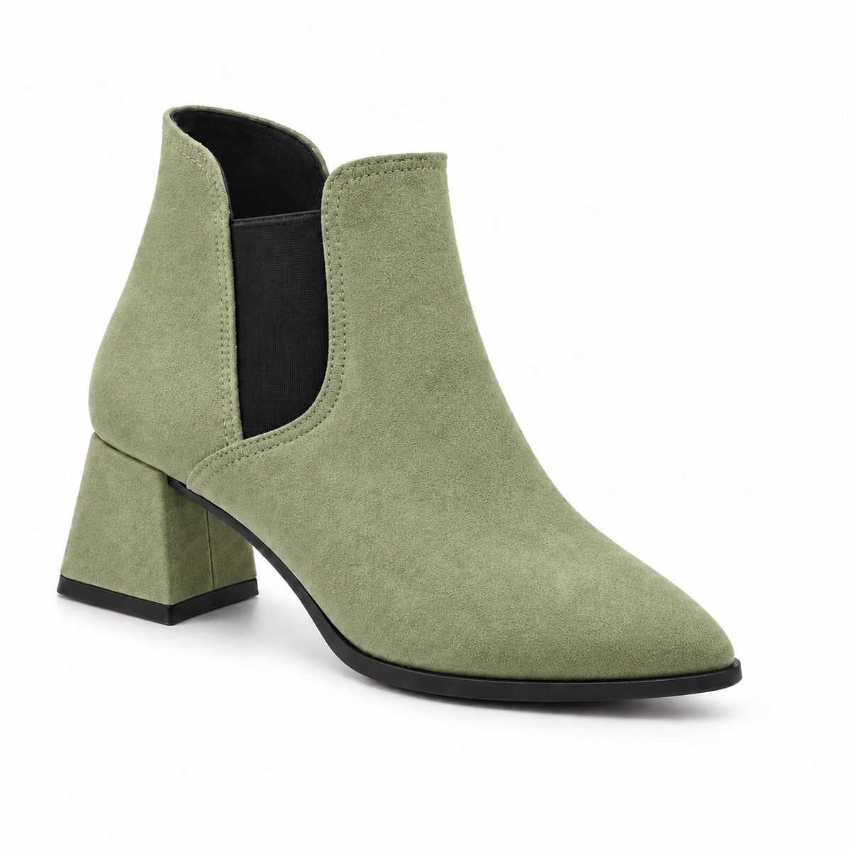 Slit Heeled Bootie Pistachio – هاف بوت حريمي بكعب شمواه صناعي فستقي، من قدام – ECADRA