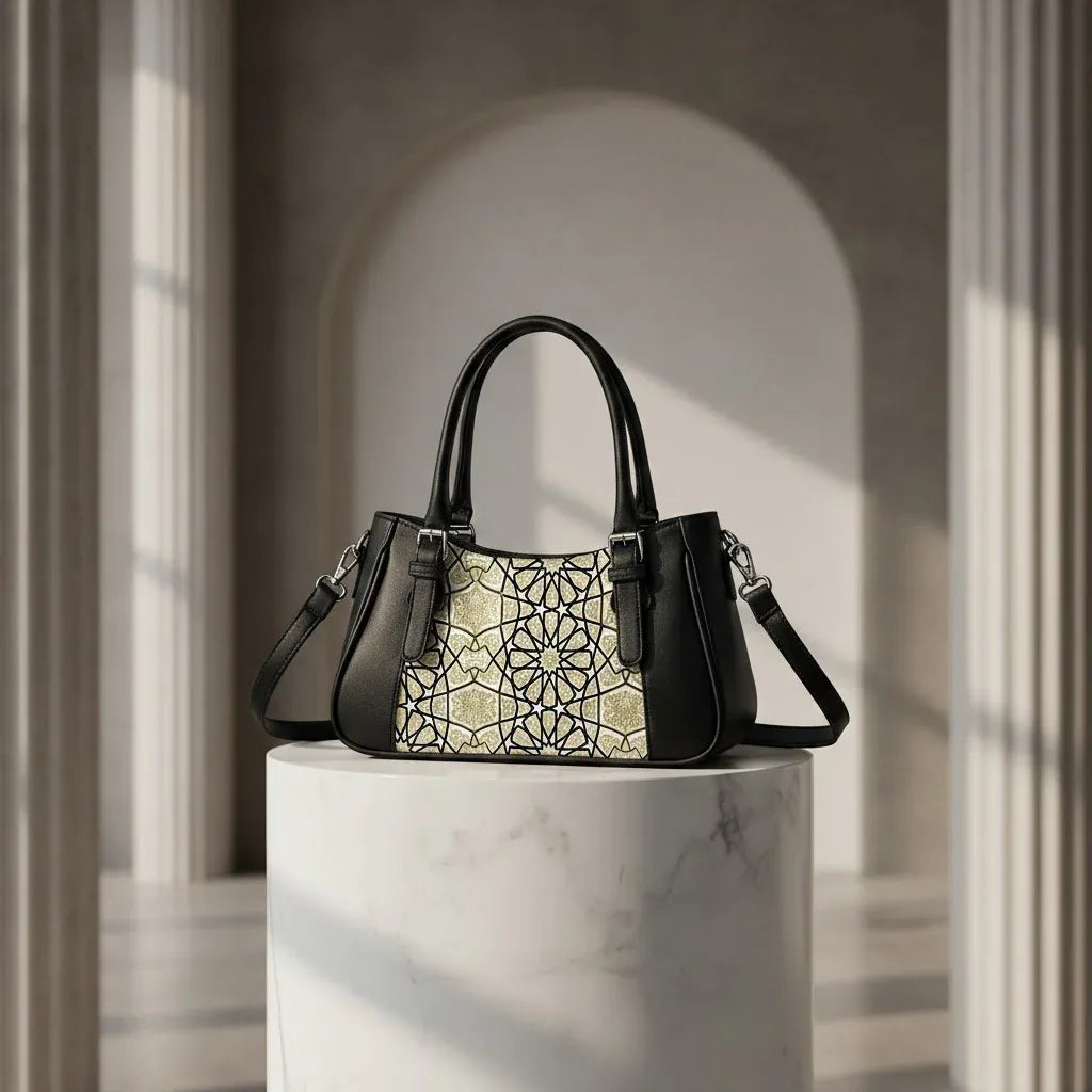Black  Curve Satchel – Luxury Gold Islamic Geometric Arabesque Pattern - 4