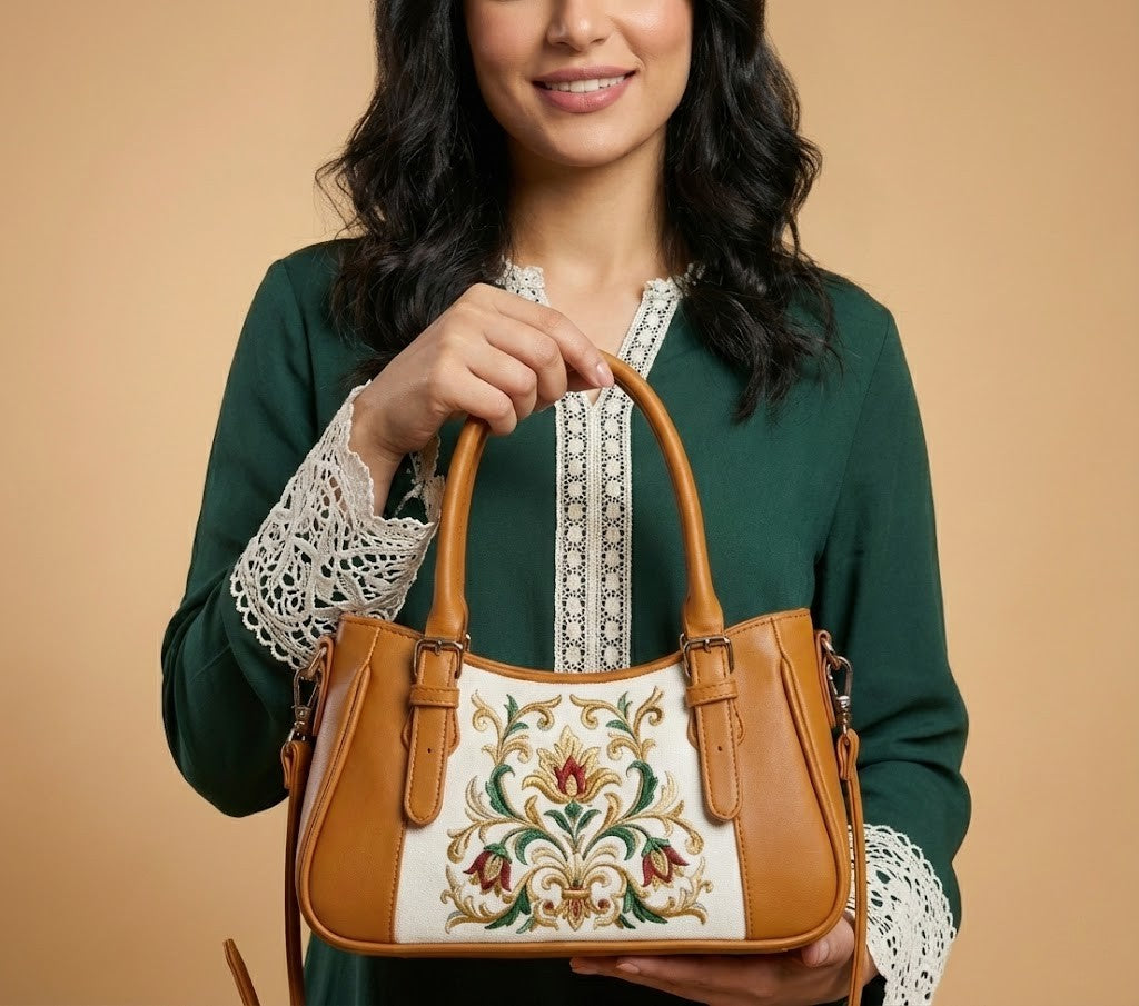 Havana Curve Satchel – Vintage Floral Embroidered Damask - 4
