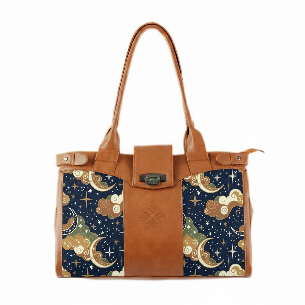 Double Handle Large Bag Celestial Moon Clouds Boho Canvas - 1