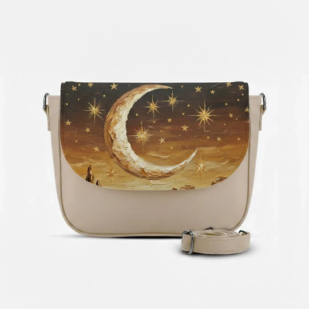 Beige Messenger Crossbody Painted Moon Art Saddle - 1