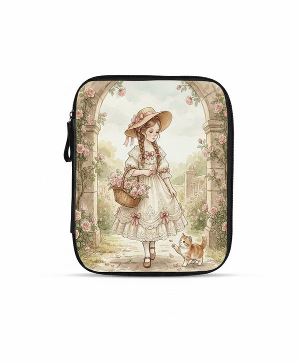 Tablet Sleeve - Whimsical Vintage Girl with Kitten Roses Garden Art - 1