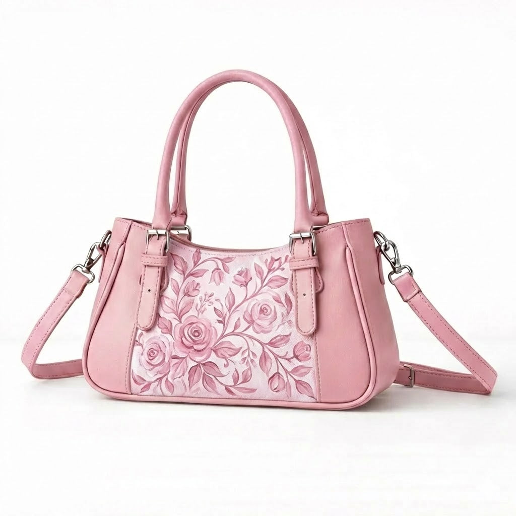 Rose Curve Satchel – Soft Pink Vintage Rose Botanical - 5