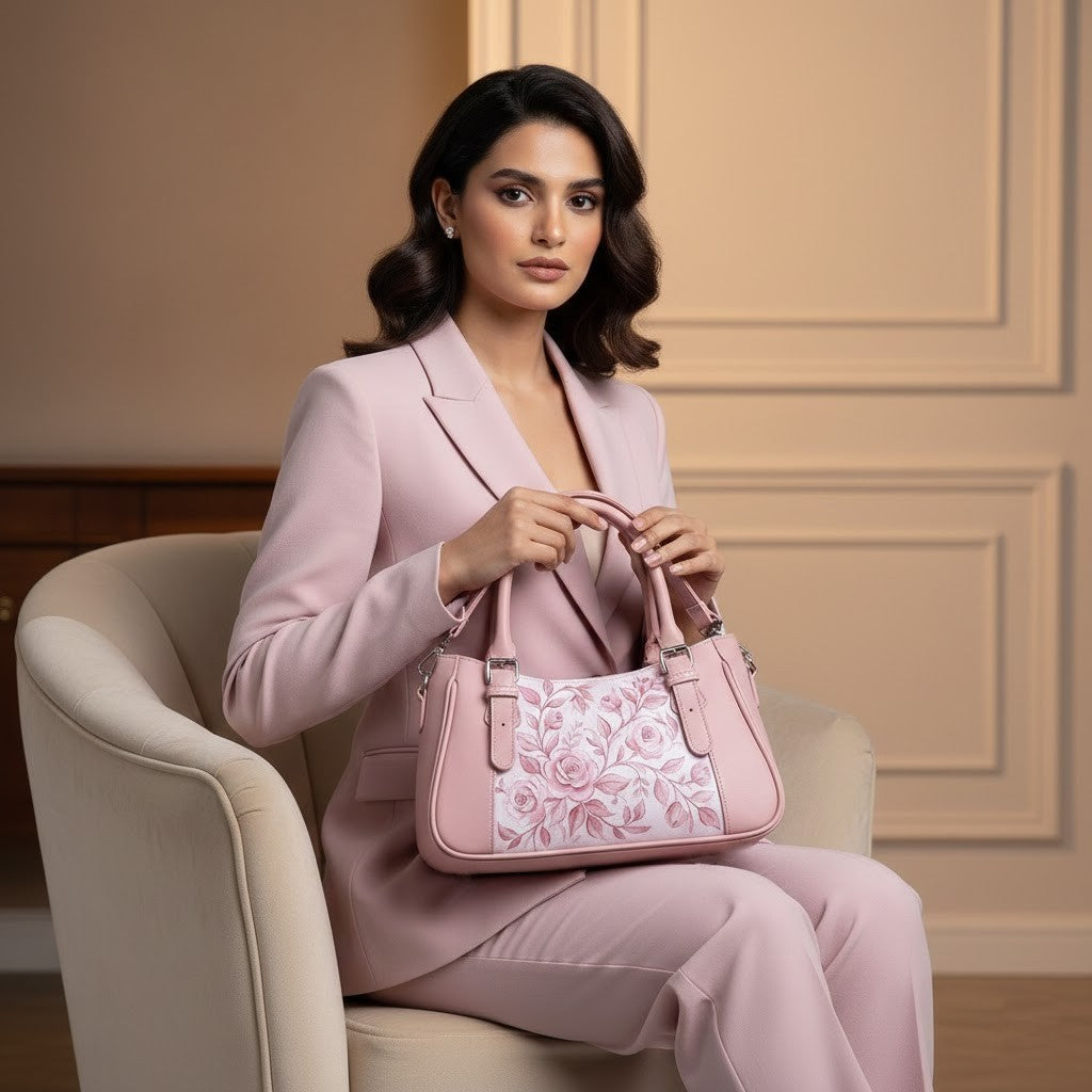 Rose Curve Satchel – Soft Pink Vintage Rose Botanical - 1
