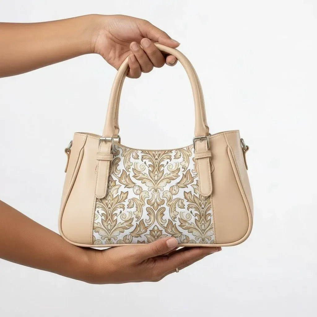 Beige Curve Satchel – Vintage Floral Damask Seamless Pattern - 5
