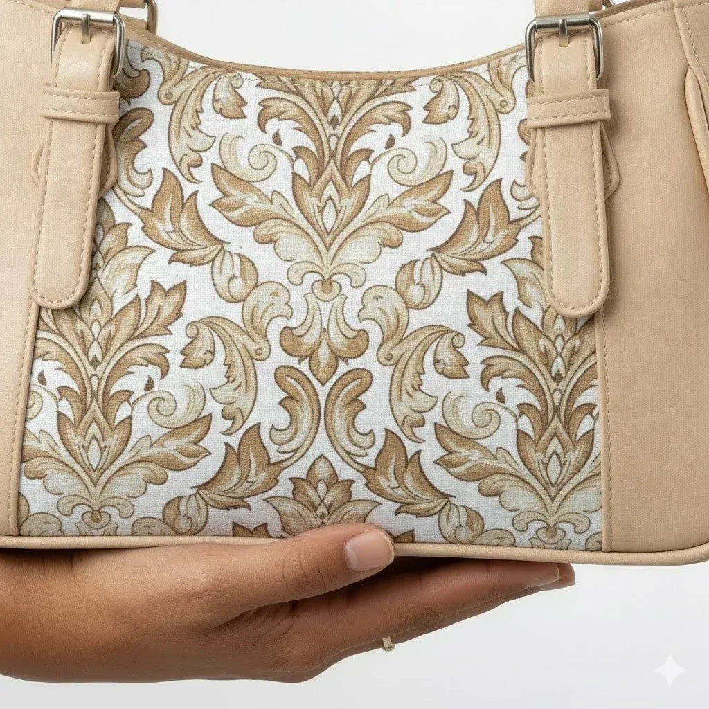 Beige Curve Satchel – Vintage Floral Damask Seamless Pattern - 4