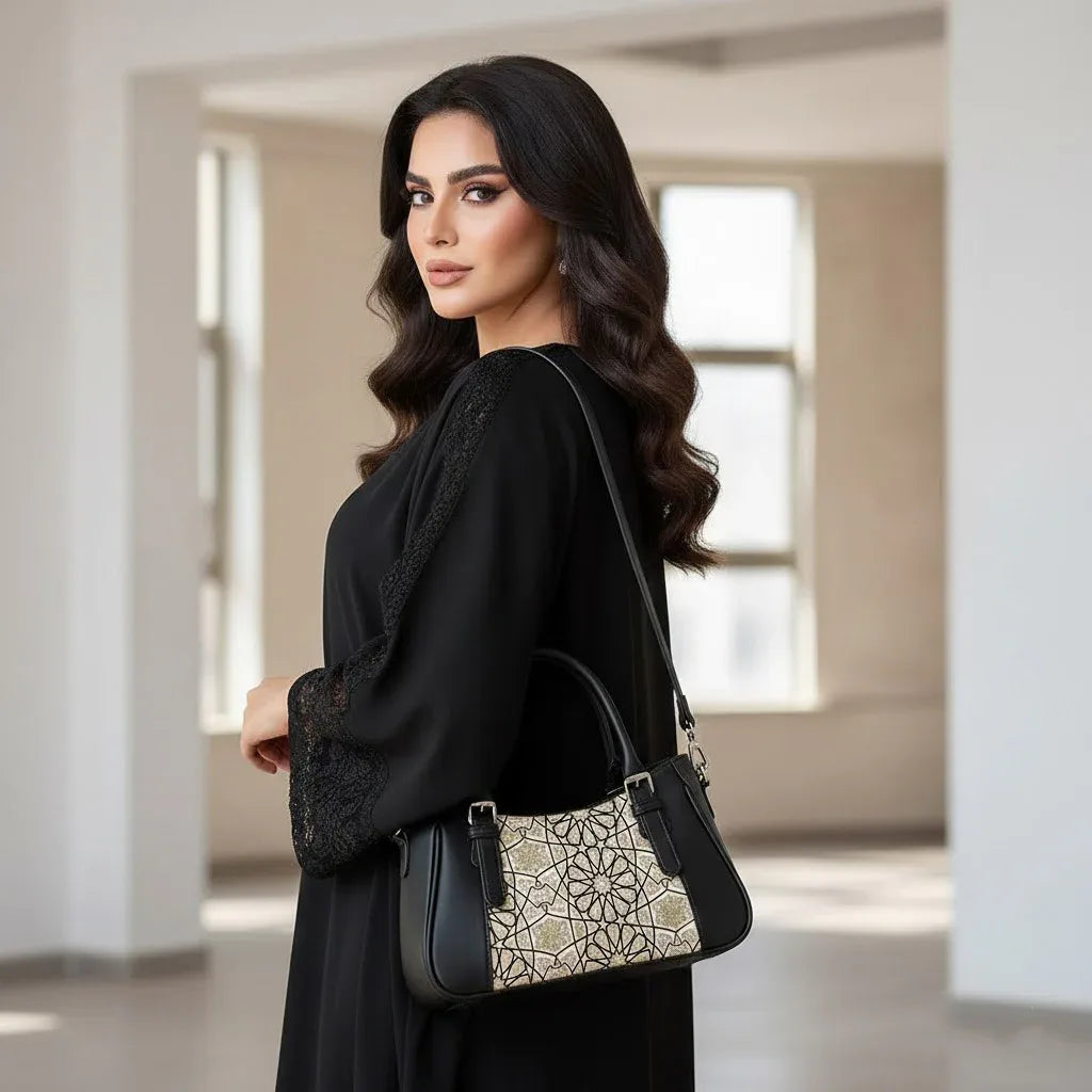 Black  Curve Satchel – Luxury Gold Islamic Geometric Arabesque Pattern - 5