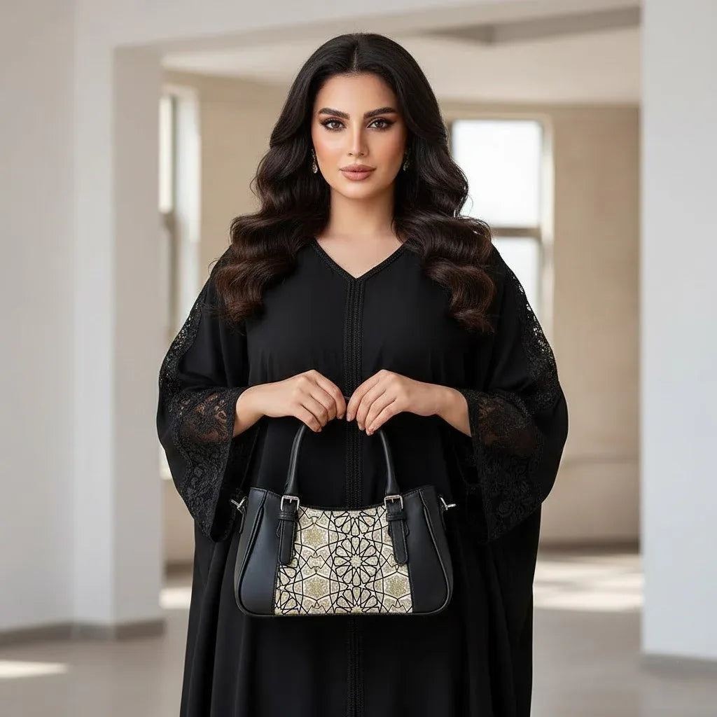 Black  Curve Satchel – Luxury Gold Islamic Geometric Arabesque Pattern - 2