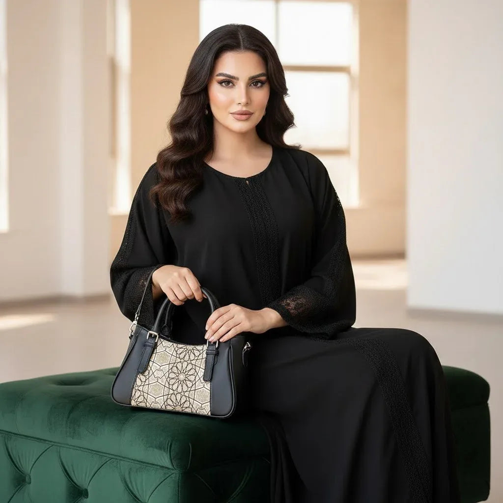 Black  Curve Satchel – Luxury Gold Islamic Geometric Arabesque Pattern - 3