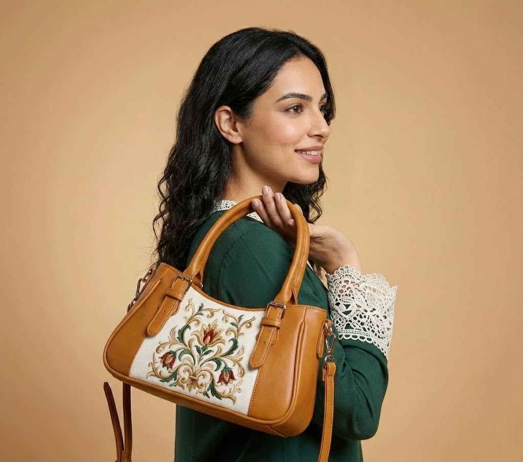 Havana Curve Satchel – Vintage Floral Embroidered Damask - 5