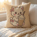 Decorative Pillow - Cute Cat Drinking Mocha Frappe - 1
