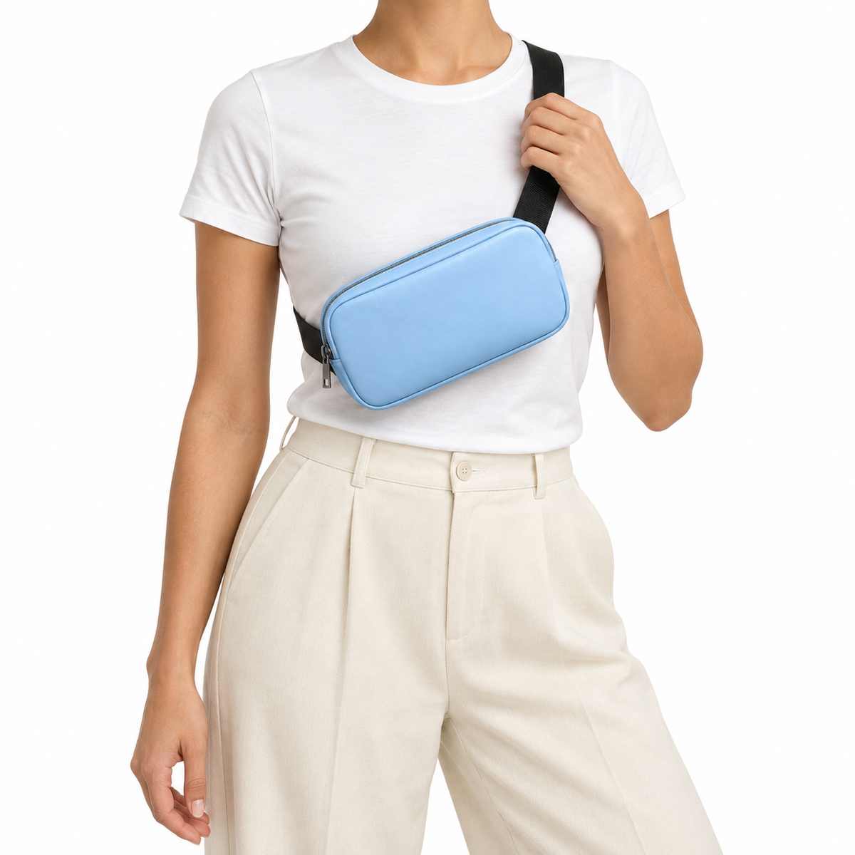 Side Quest Belt Bag – Light Blue – worn crossbody as a chest sling – ECADRA