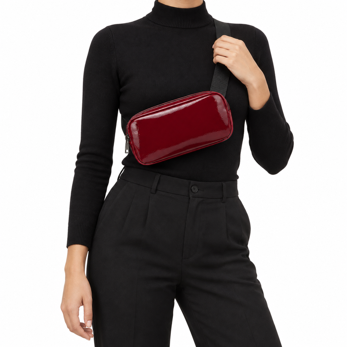 Side Quest Belt Bag – Burgundy Gloss – worn crossbody as a chest sling – ECADRA