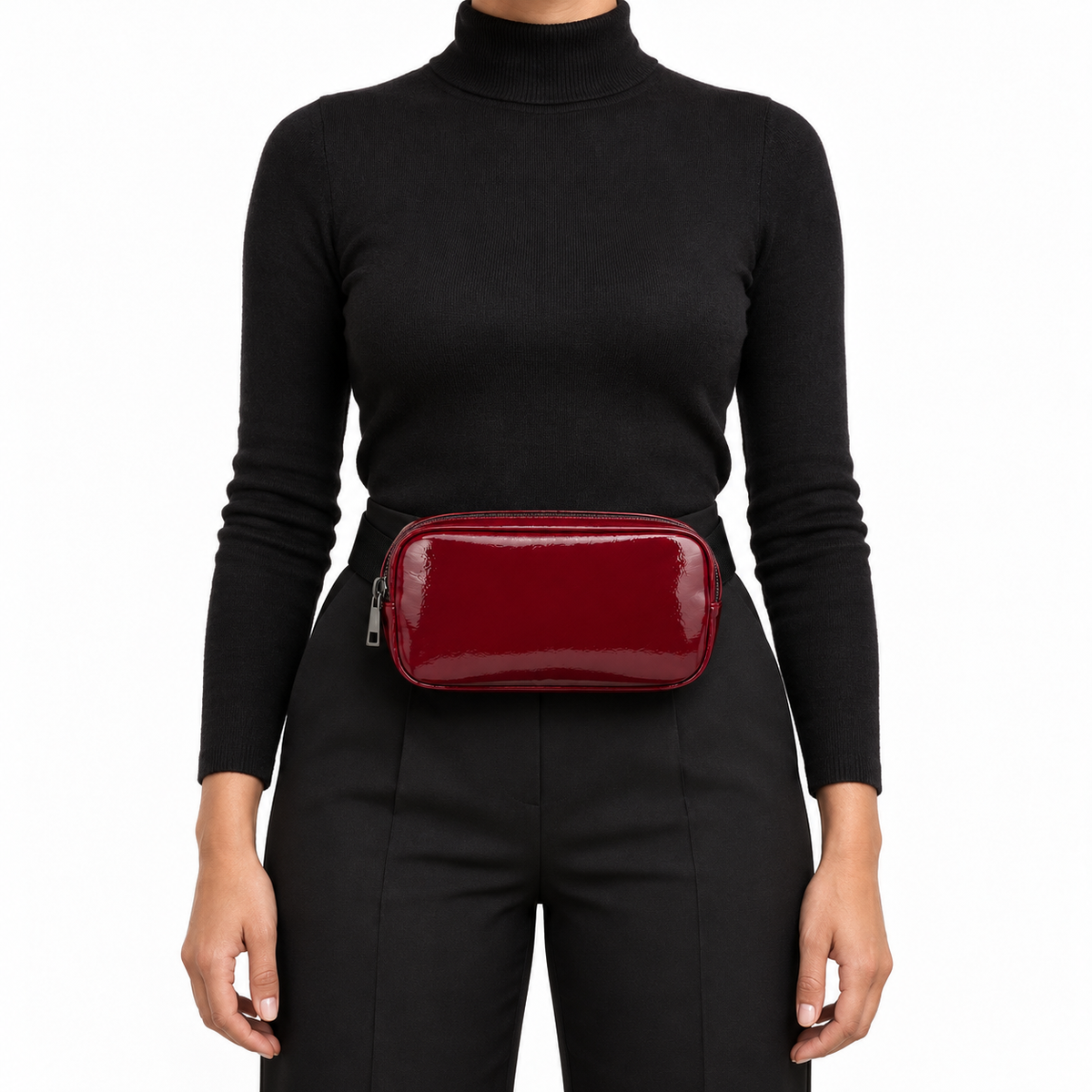 Side Quest Belt Bag – Burgundy Gloss – worn on the waist – ECADRA