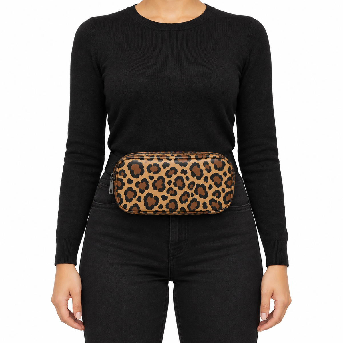 Side Quest Belt Bag – Leopard Latte – worn on the waist – ECADRA