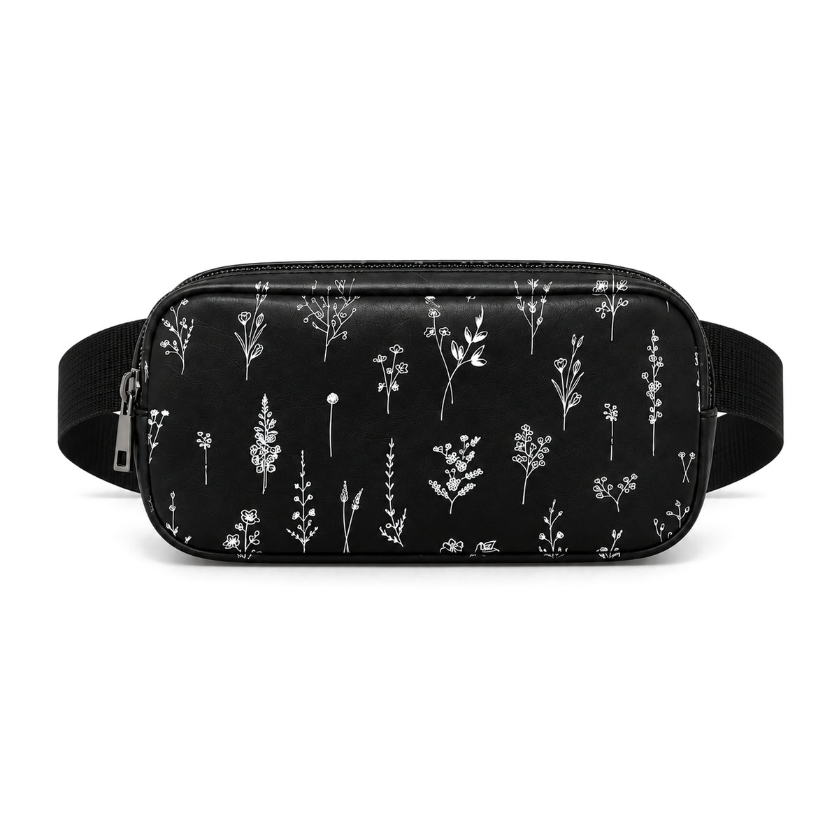 Side Quest Belt Bag – Black Wildflowers – belt bag for women, Black Wildflowers print – شنطة وسط حريمي – ECADRA