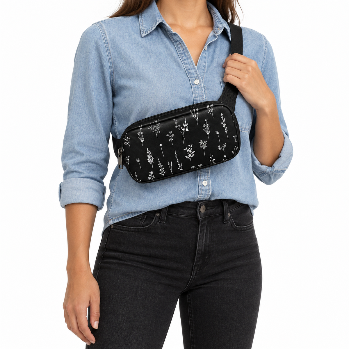Side Quest Belt Bag – Black Wildflowers – worn crossbody as a chest sling – ECADRA