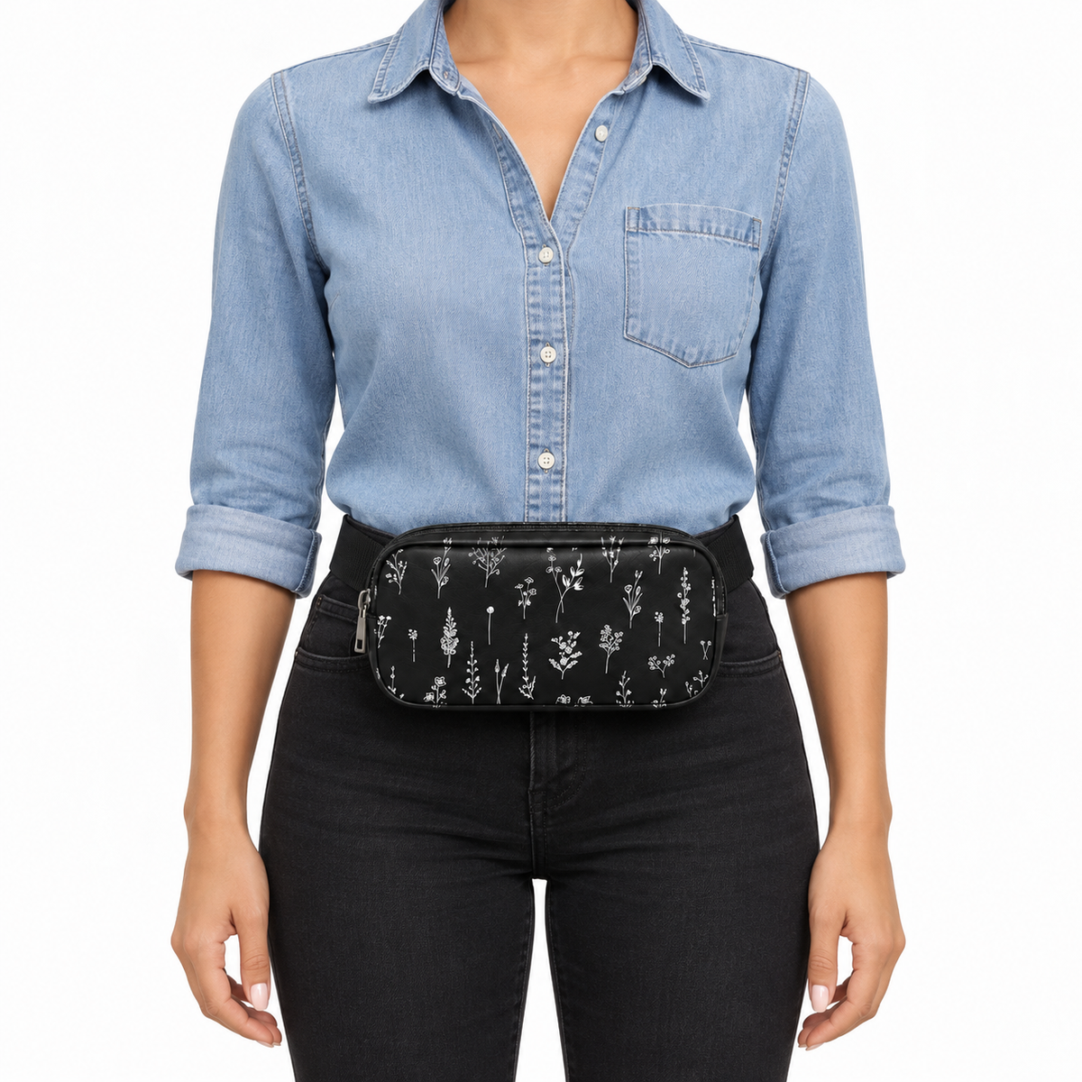 Side Quest Belt Bag – Black Wildflowers – worn on the waist – ECADRA