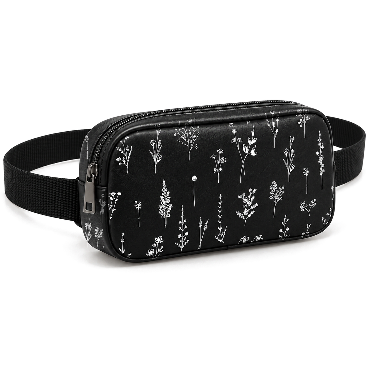 Side Quest Belt Bag – Black Wildflowers – three-quarter view – ECADRA