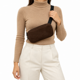 Side Quest Belt Bag – Chocolate Suede – worn crossbody as a chest sling – ECADRA