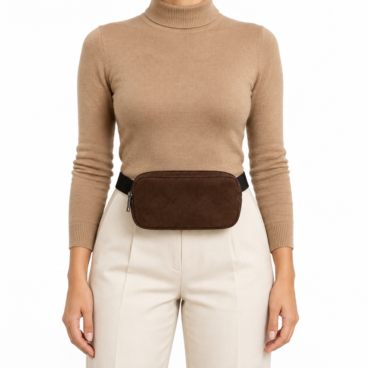 Side Quest Belt Bag – Chocolate Suede – worn on the waist – ECADRA