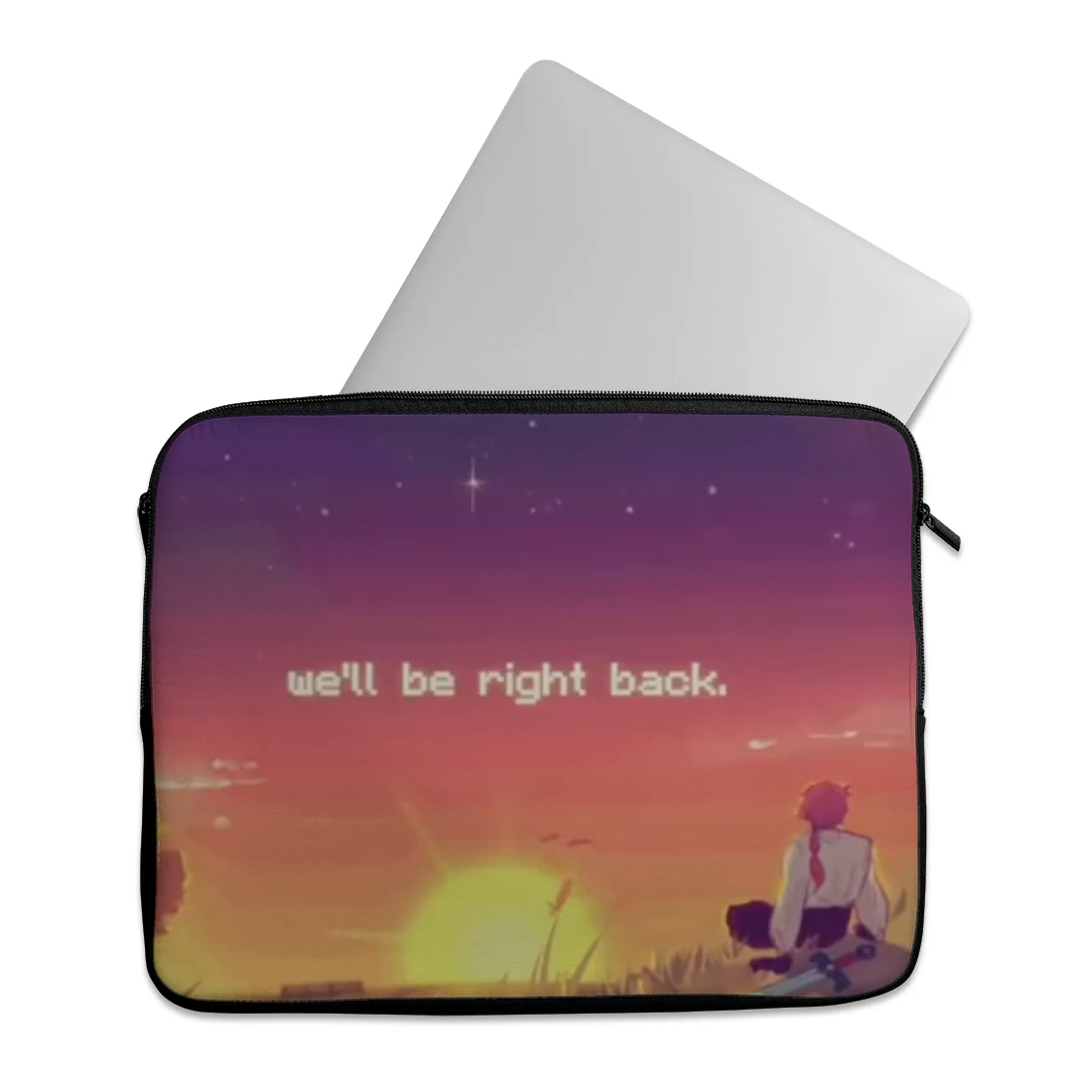 We'll be right back design printed on a laptop sleeves — ECADRA