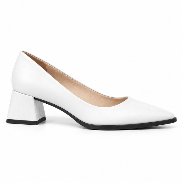 White matte pointed pump with low 5 cm flared block heel, side view — ECADRA