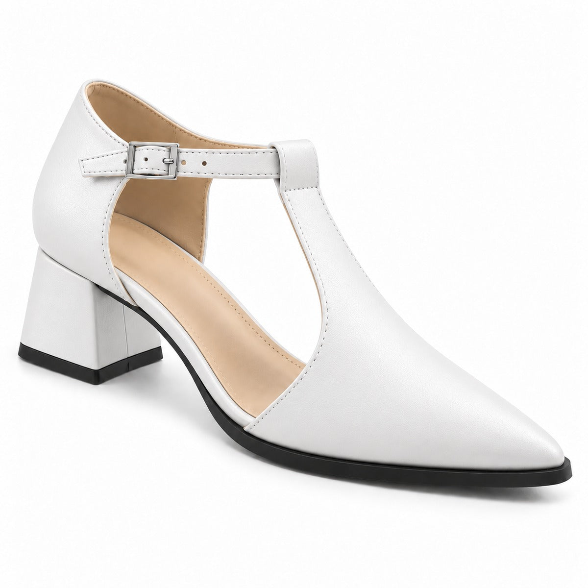 White matte T-strap heels with wide strap, silver buckle and 5 cm flared heel, front three-quarter view — ECADRA