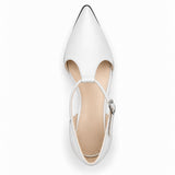 White matte T-strap heels with wide strap, silver buckle and 5 cm flared heel, top view — ECADRA