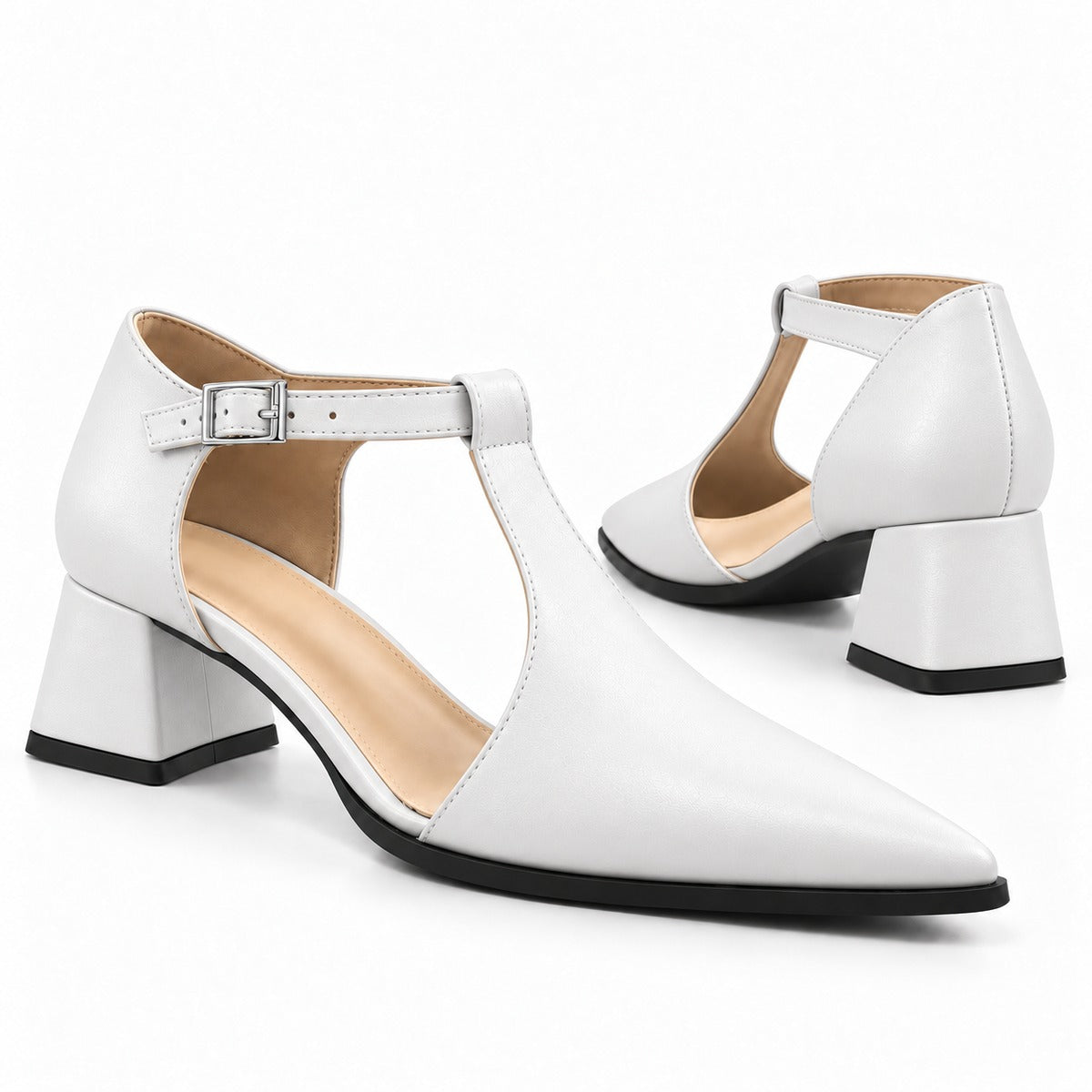 White matte T-strap heels with wide strap, silver buckle and 5 cm flared heel, the pair — ECADRA