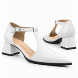 White matte T-strap heels with wide strap, silver buckle and 5 cm flared heel, the pair — ECADRA