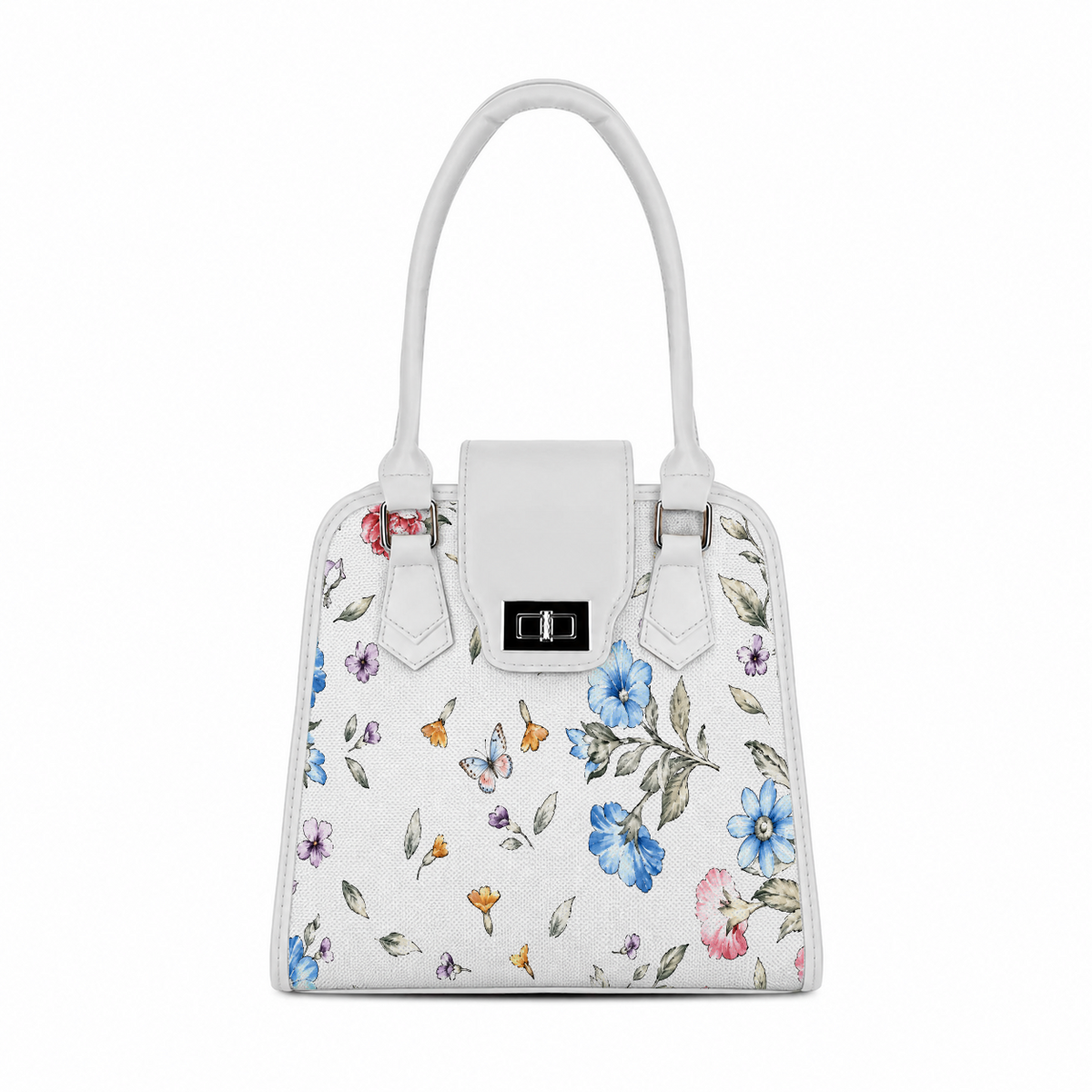 Front view of ECADRA White Metropolitan Charm Bag with botanical small wildflower and butterfly print and silver turn-lock clasp.