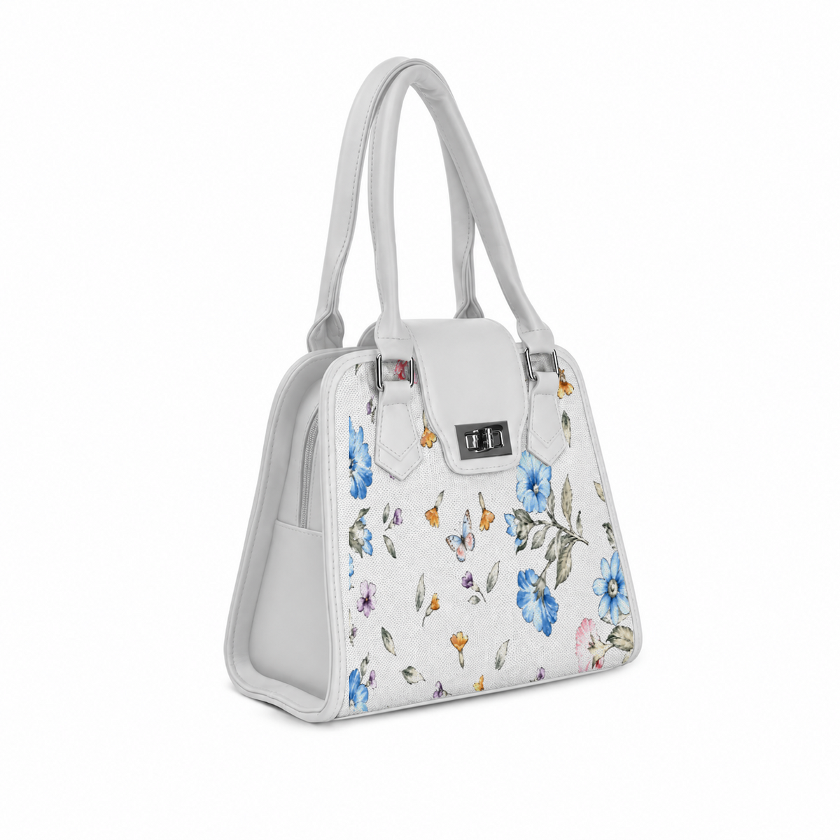 Side view of ECADRA White Metropolitan Charm Bag with botanical small wildflower and butterfly print and silver turn-lock clasp.