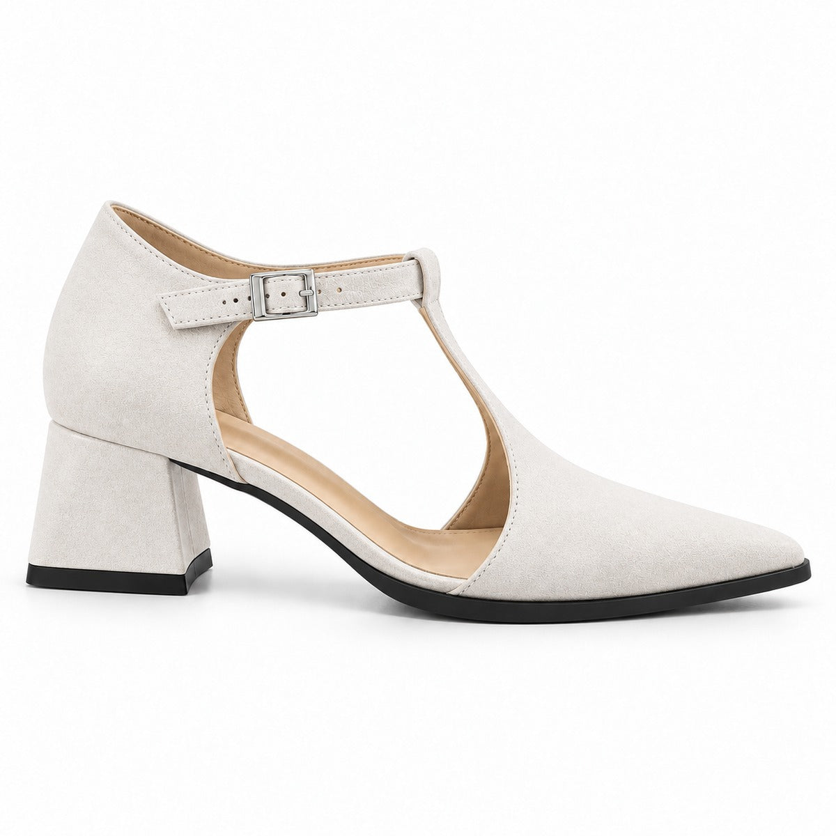 White suede T-strap heels with wide strap, silver buckle and 5 cm flared heel, side view — ECADRA