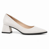 White suede pointed pump with low 5 cm flared block heel, side view — ECADRA