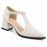 White suede T-strap heels with wide strap, silver buckle and 5 cm flared heel, front three-quarter view — ECADRA