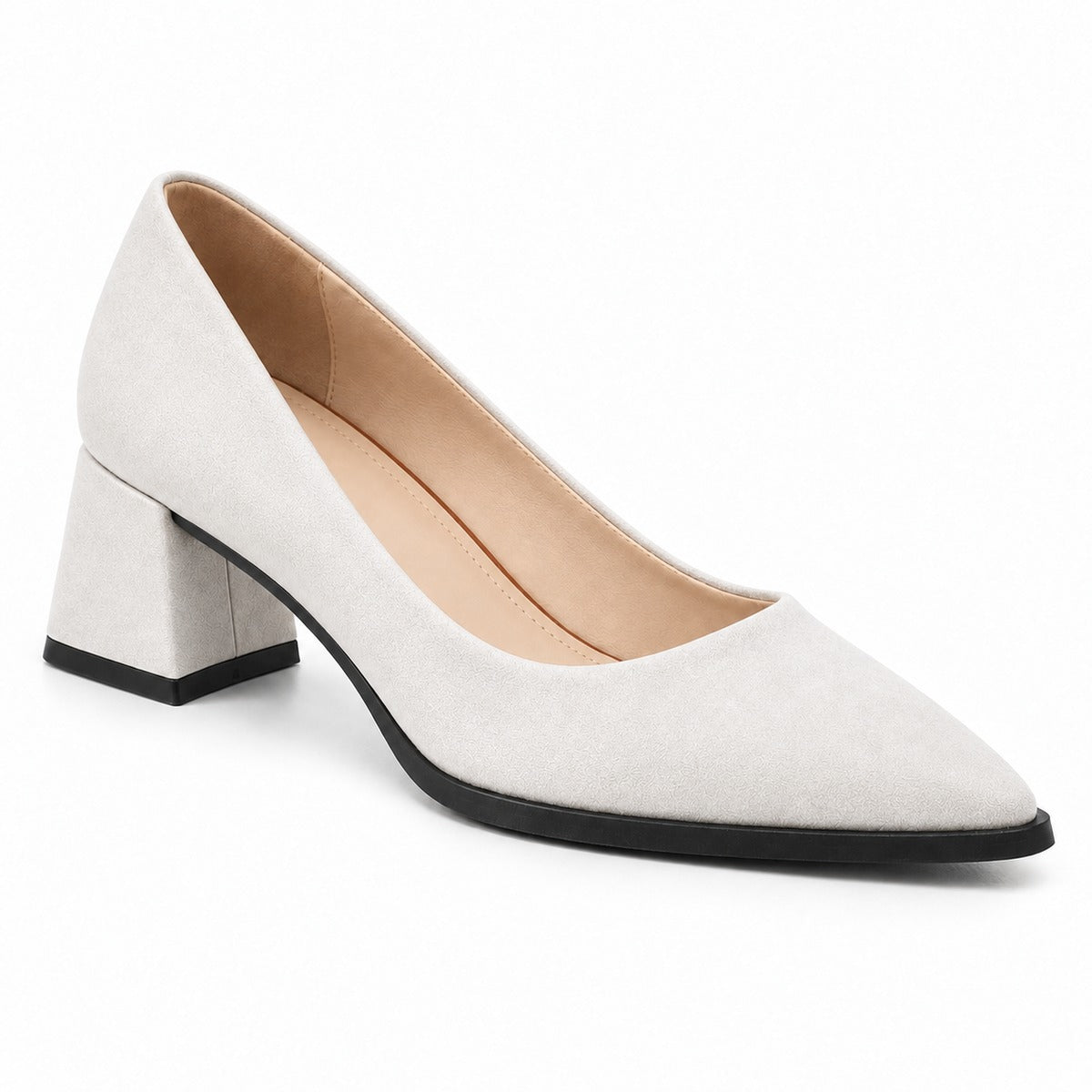 White suede pointed pump with low 5 cm flared block heel, front three-quarter view — ECADRA