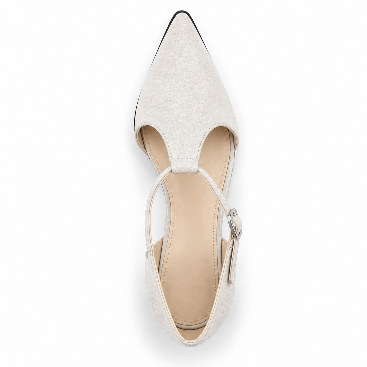 White suede T-strap heels with wide strap, silver buckle and 5 cm flared heel, top view — ECADRA