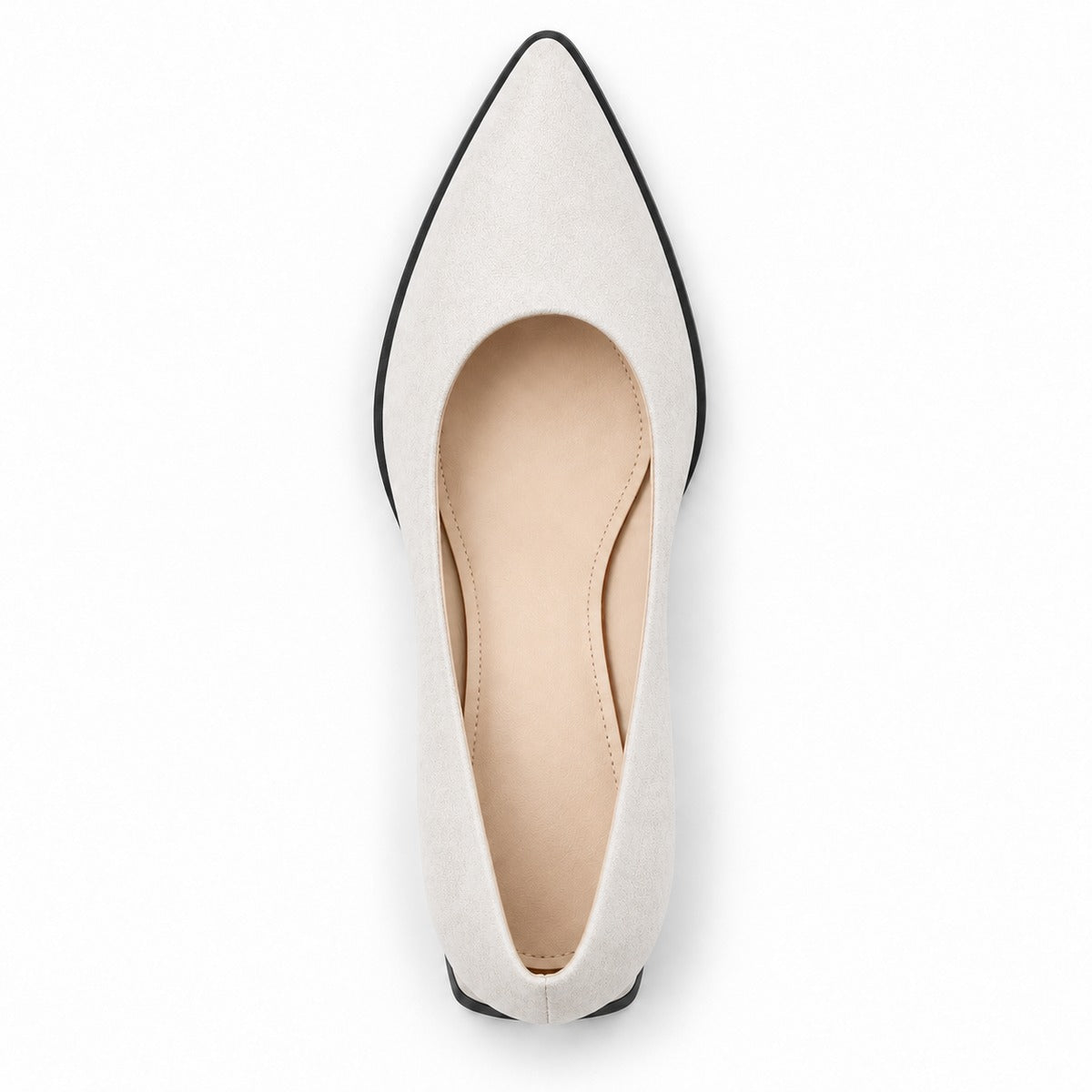 White suede pointed pump with low 5 cm flared block heel, top view — ECADRA